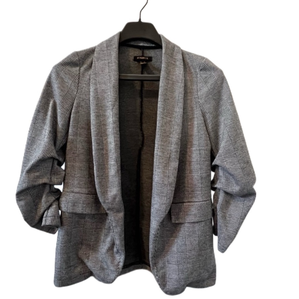 Revamped Gray Plaid Knit Blazer Women’s XS Ruched Sleeve Open Front Career